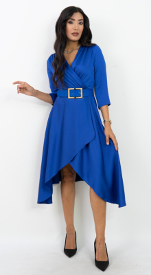 Büyük Tokalı Kemerli Saks Mavi Kruvaze Elbise