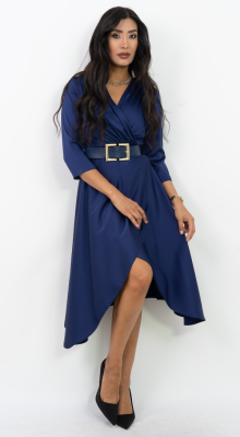 Büyük Tokalı Kemerli Lacivert Kruvaze Elbise