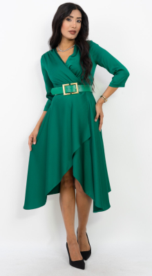 Büyük Tokalı Kemerli Yeşil Kruvaze Elbise