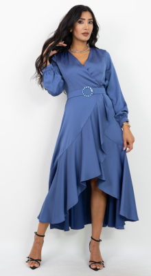 Taş Tokalı Kruvaze Yaka Indigo Elbise